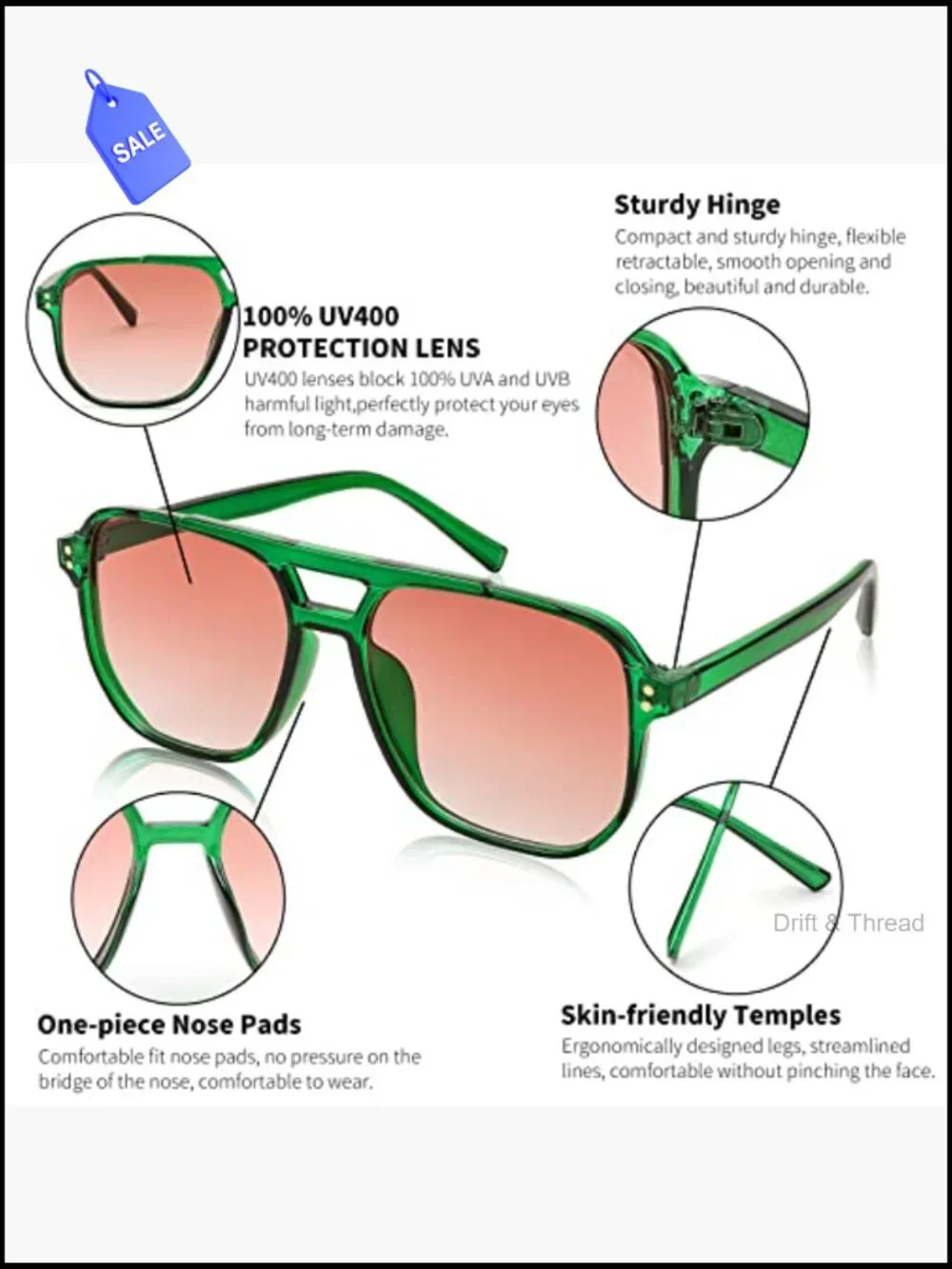 Retro Square Aviator Sunglasses Unisex UV400 Plastic Frame